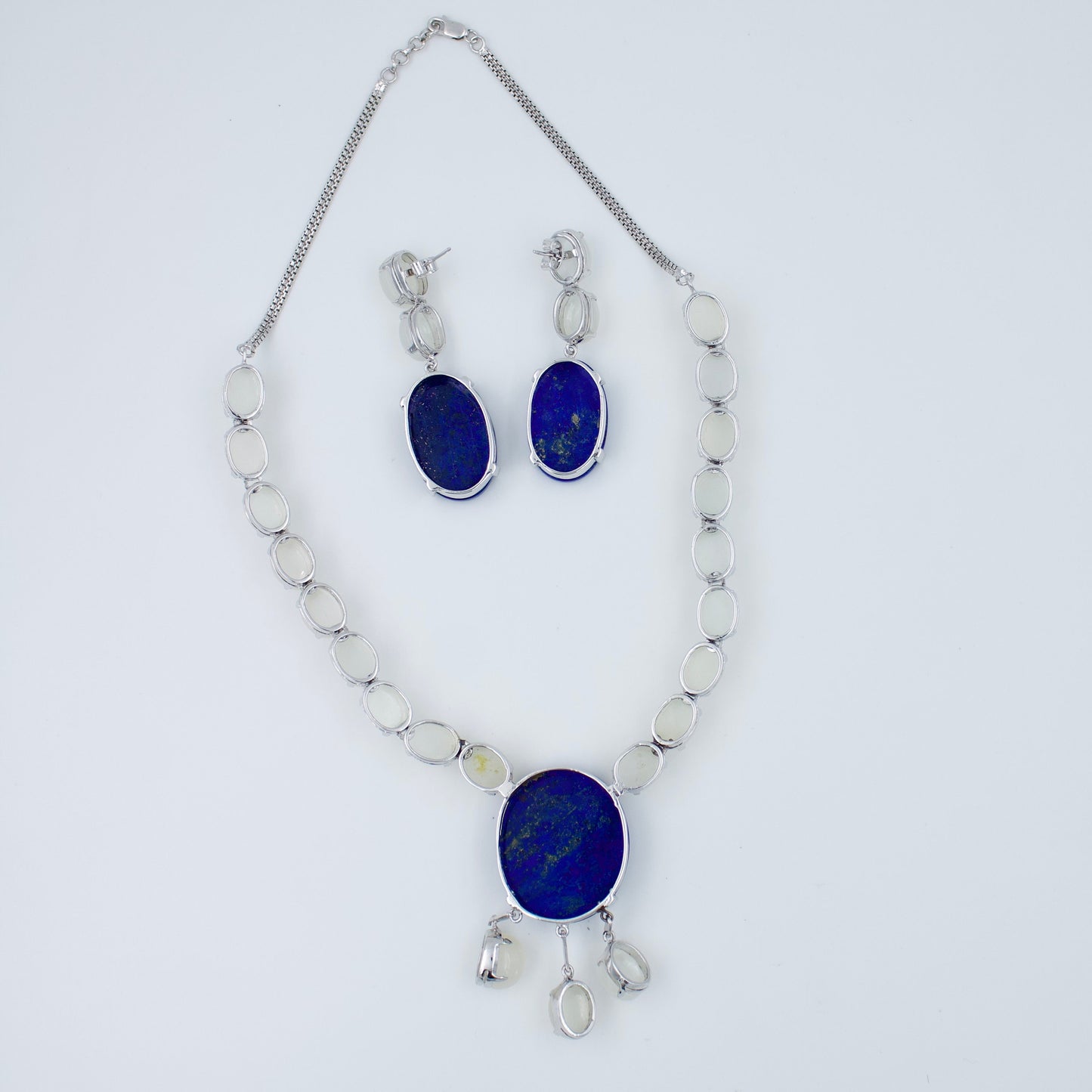 Vintage Art Deco Lapis Lazuli and Moonstone Statement Necklace Earrings and Ring in Sterling Silver