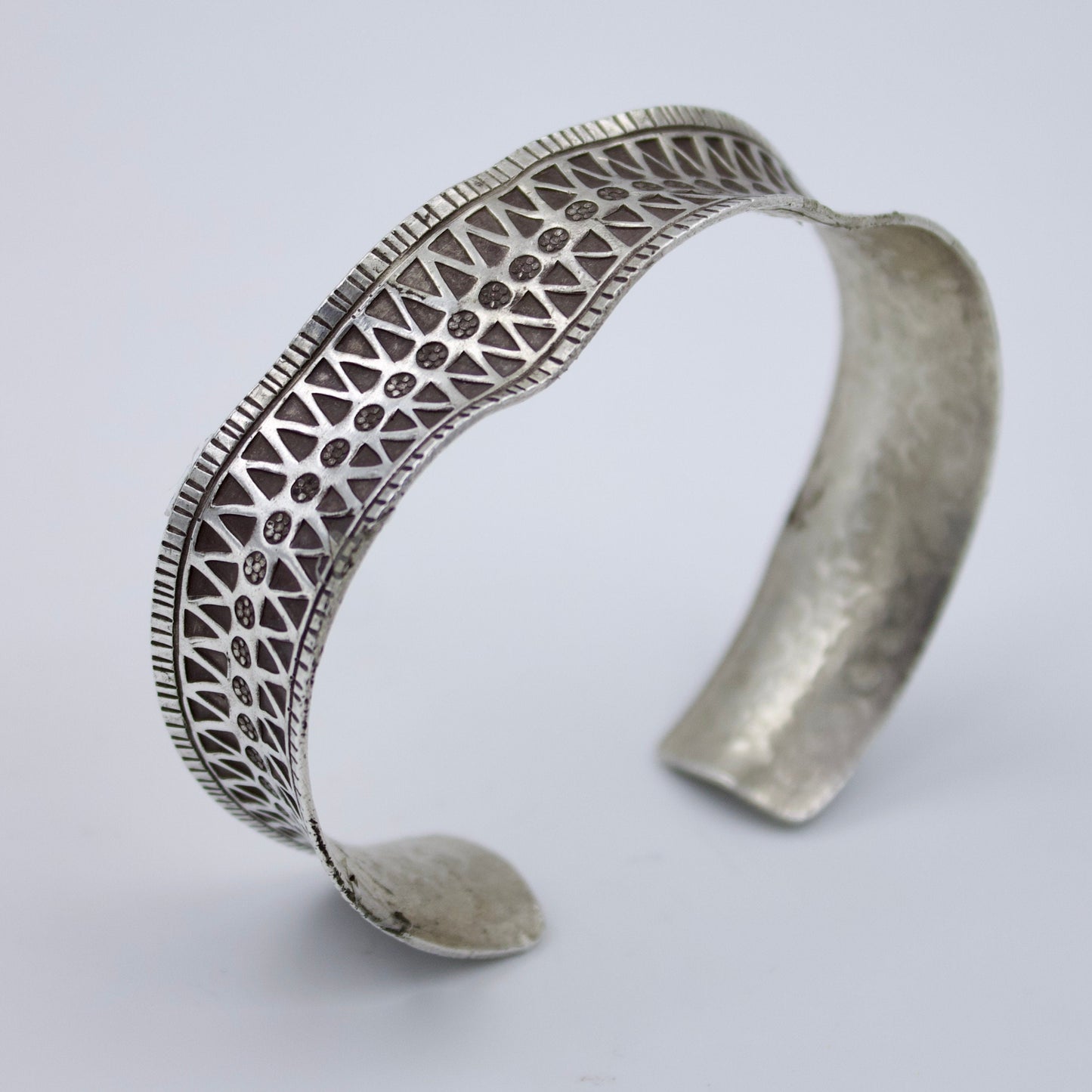 Indonesian Misshapen Hand Etched Statement Cuff Bracelet in Sterling Silver