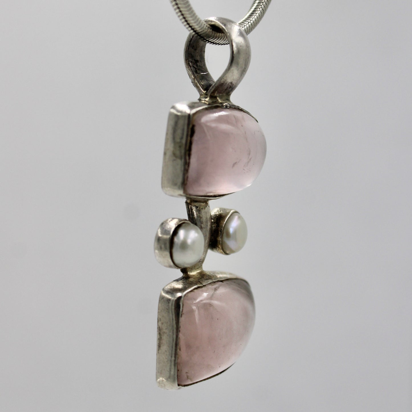 Vintage Handmade Rose Quartz & Pearl Pendant in Sterling Silver