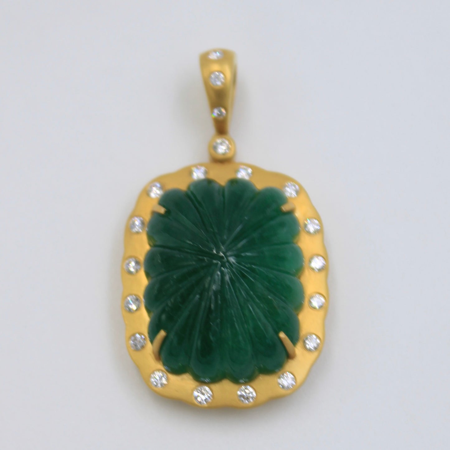 Natural 30.19 Ct Carved Emerald and Diamond Pendant & Earring Set 18K Gold