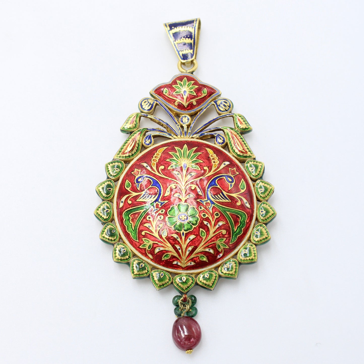 Vintage Indian Kundan Meenakari Work Vilandi Diamond Floral Pendant & Earrings in 22K Yellow Gold