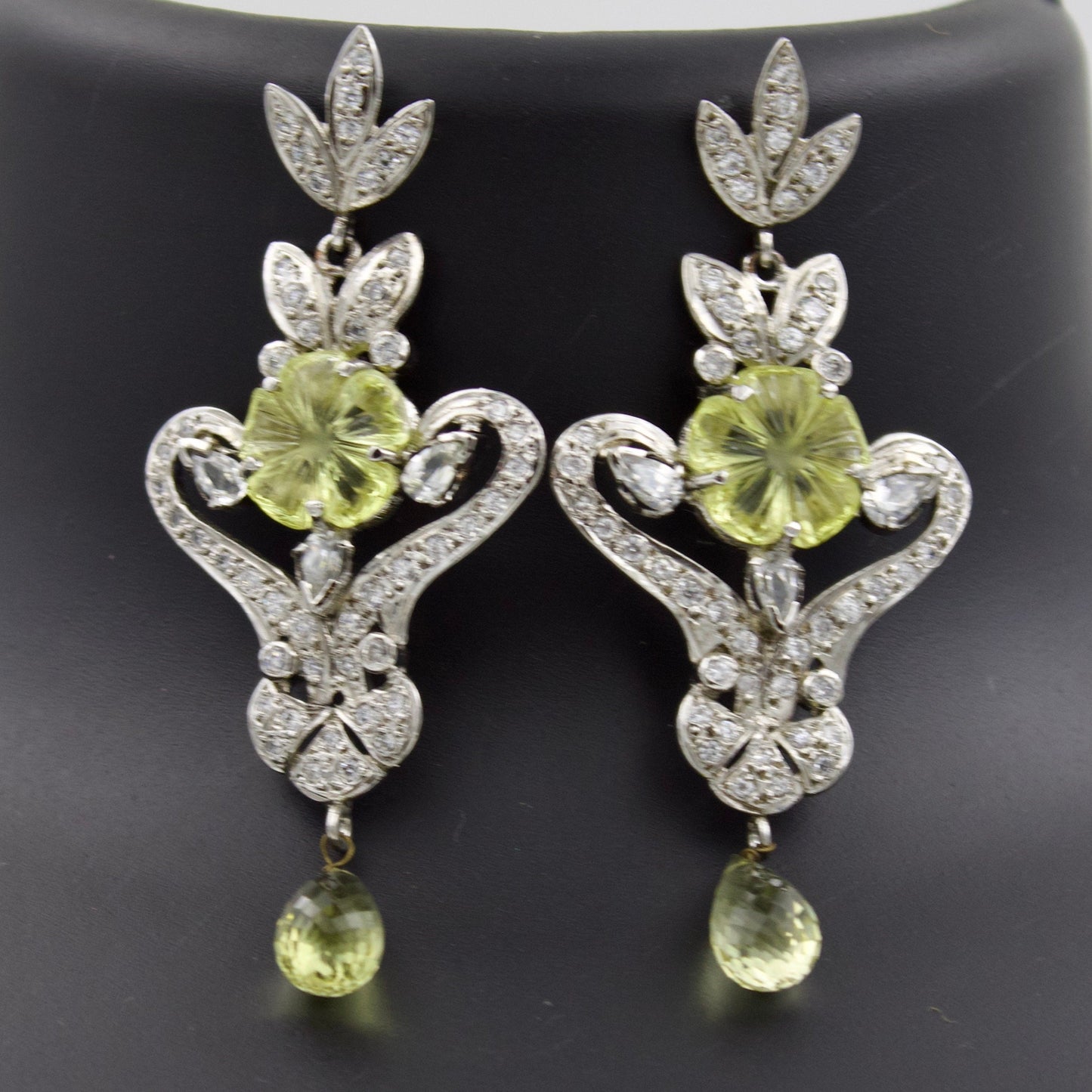 Vintage Floral Carved Lemon Topaz & CZ Pendant and Earring Set in Sterling Silver