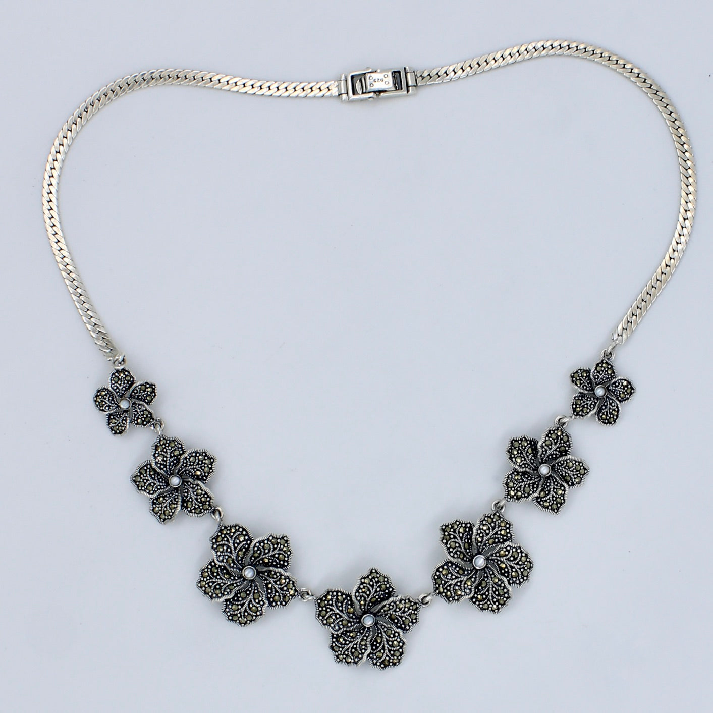 Unique Marcasite & Mother of Pearl Floral Necklace & Earring in Sterling Silver