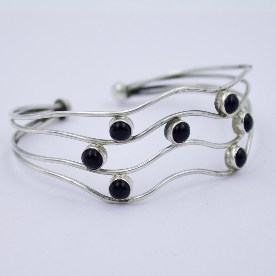 Vintage Black Onyx Statement Cuff Bracelet in Sterling Silver