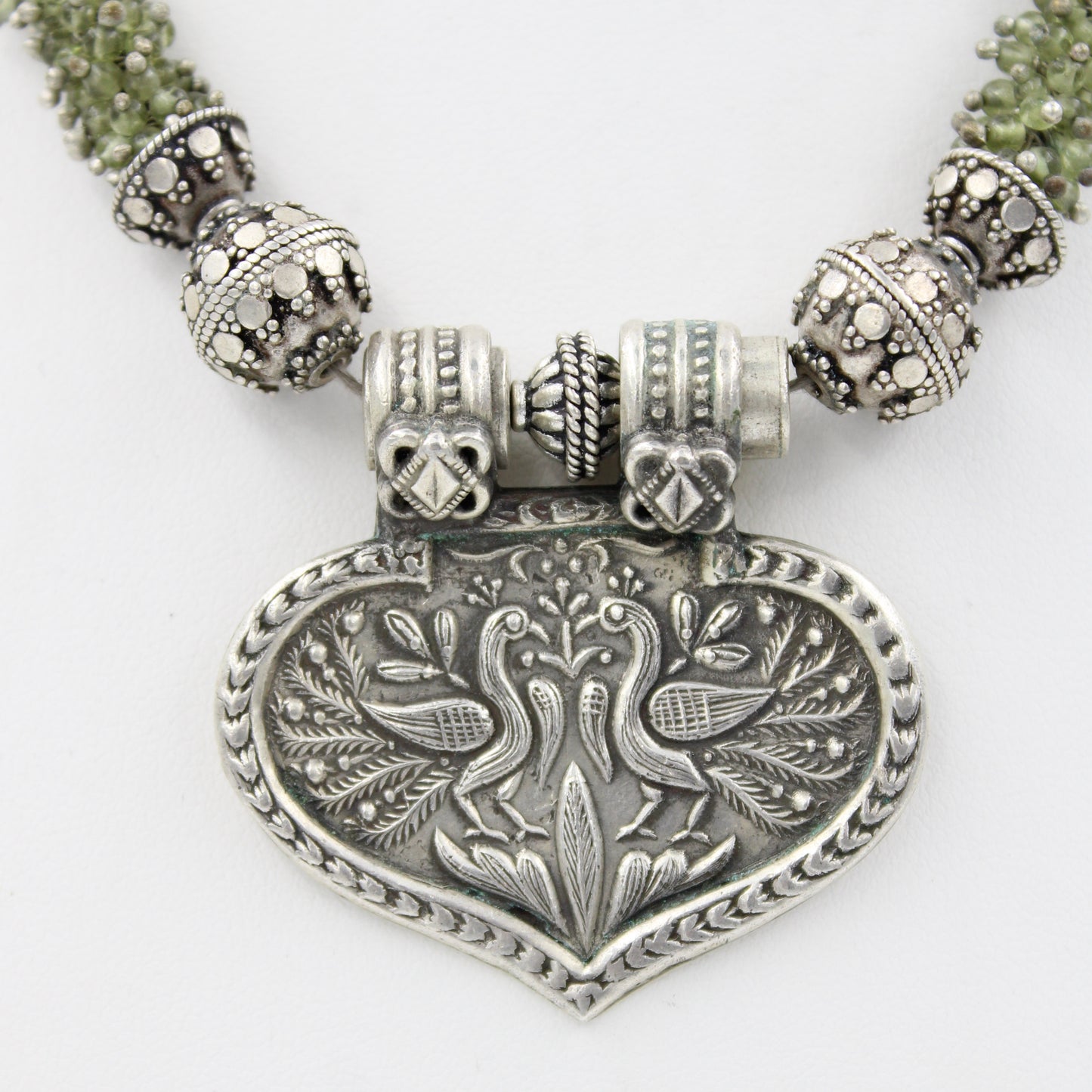 Handmade Peridot & Moonstone Dancing Peacock Pendant Necklace inSterling Silver