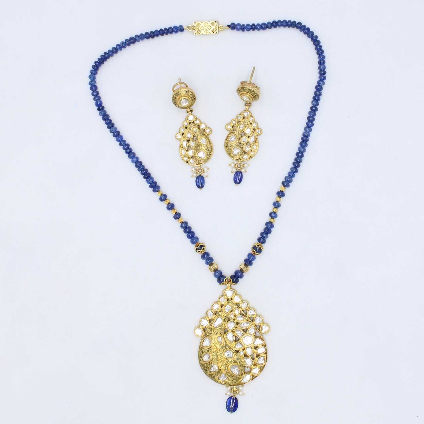 Vintage Natural Polki Diamond & Kyanite Kundan Necklace & Earrings in 22K Gold