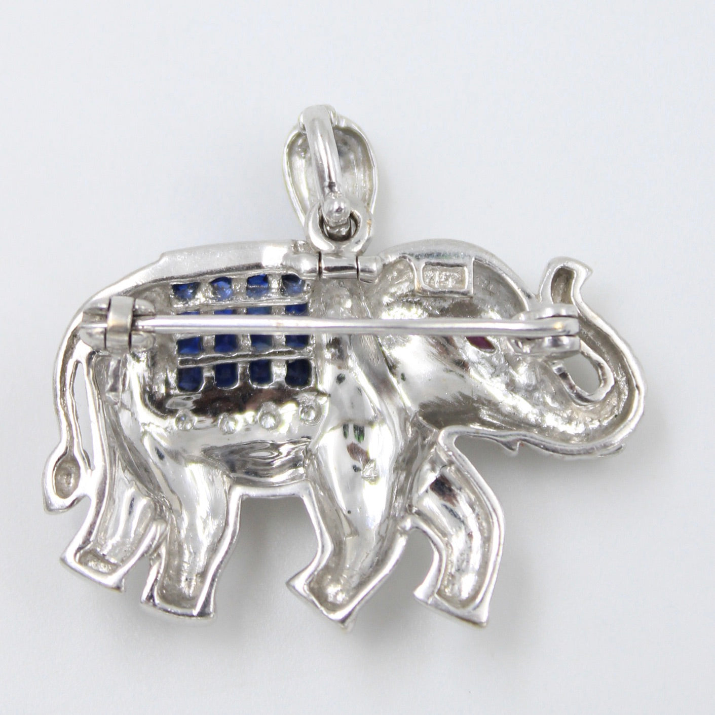 Handmade 1.93 TCW Natural Sapphire Elephant Pendant / Brooch Pin in 18K White Gold