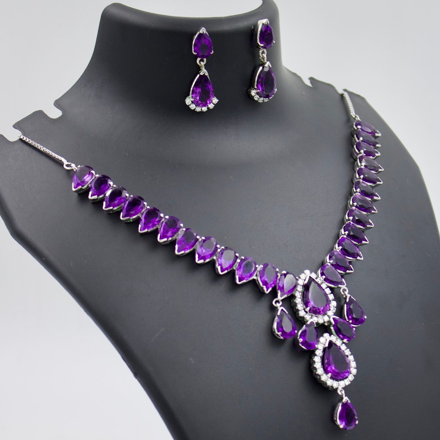 Vintage AAA Royal Purple 80 Ct Amethyst & CZ Statement Necklace, Drop Earrings, and Ring in Sterling Silver, February