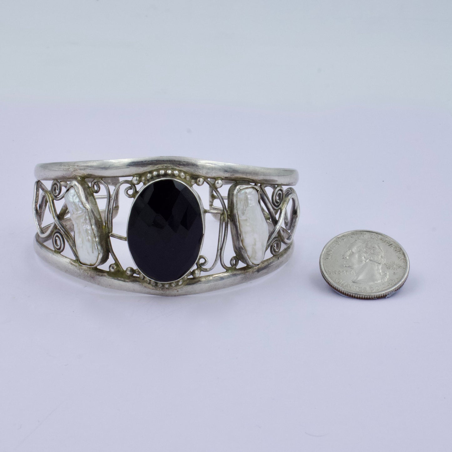 Vintage Black Onyx and Baroque Pearl Cuff Bracelet in Sterling Silver
