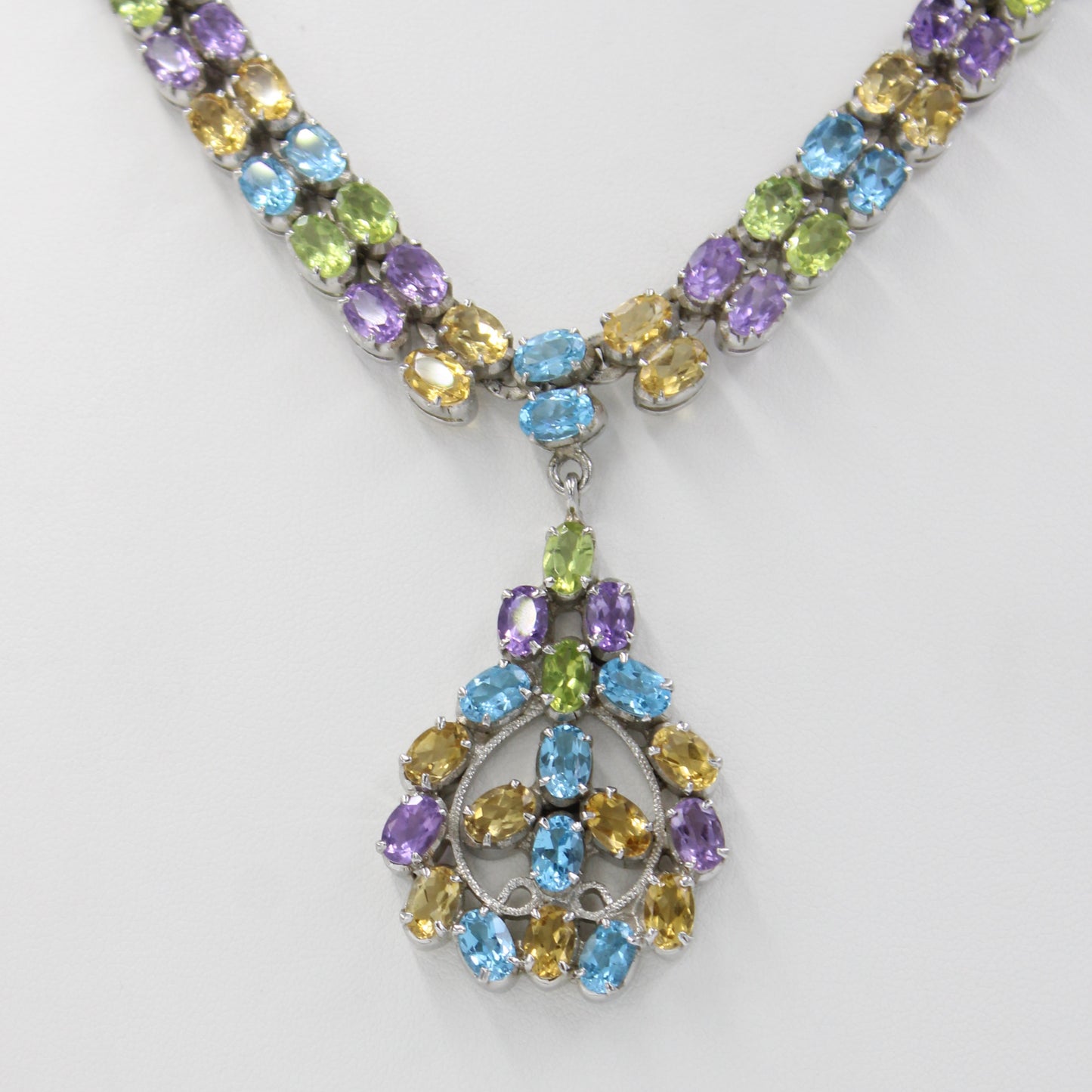 Natural AAA 86.75 Ct Peridot, Citrine, Amethyst, Blue Topaz Sterling Silver Necklace, Earring & Ring Set