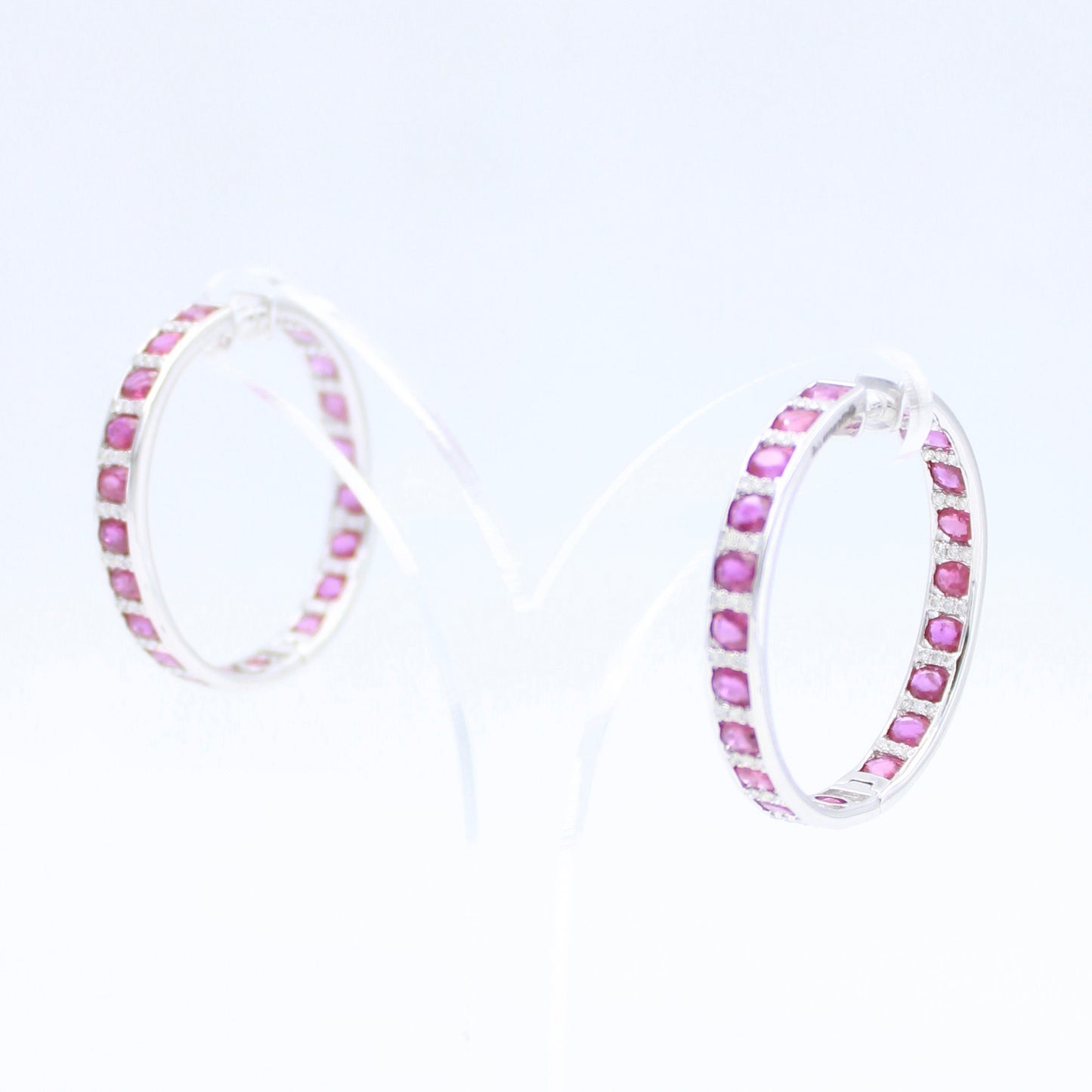 Statement 14.15 TCW Natural Ruby & Diamond Inside Out Big Hoop Earrings in 14K White Gold