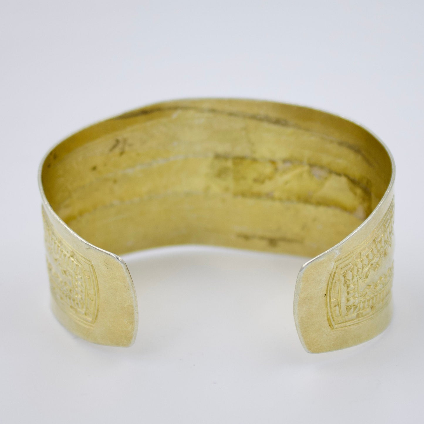 Handmade Indonesian Hand Etched Gold Plated Statement Cuff Bracelet in Sterling Silver