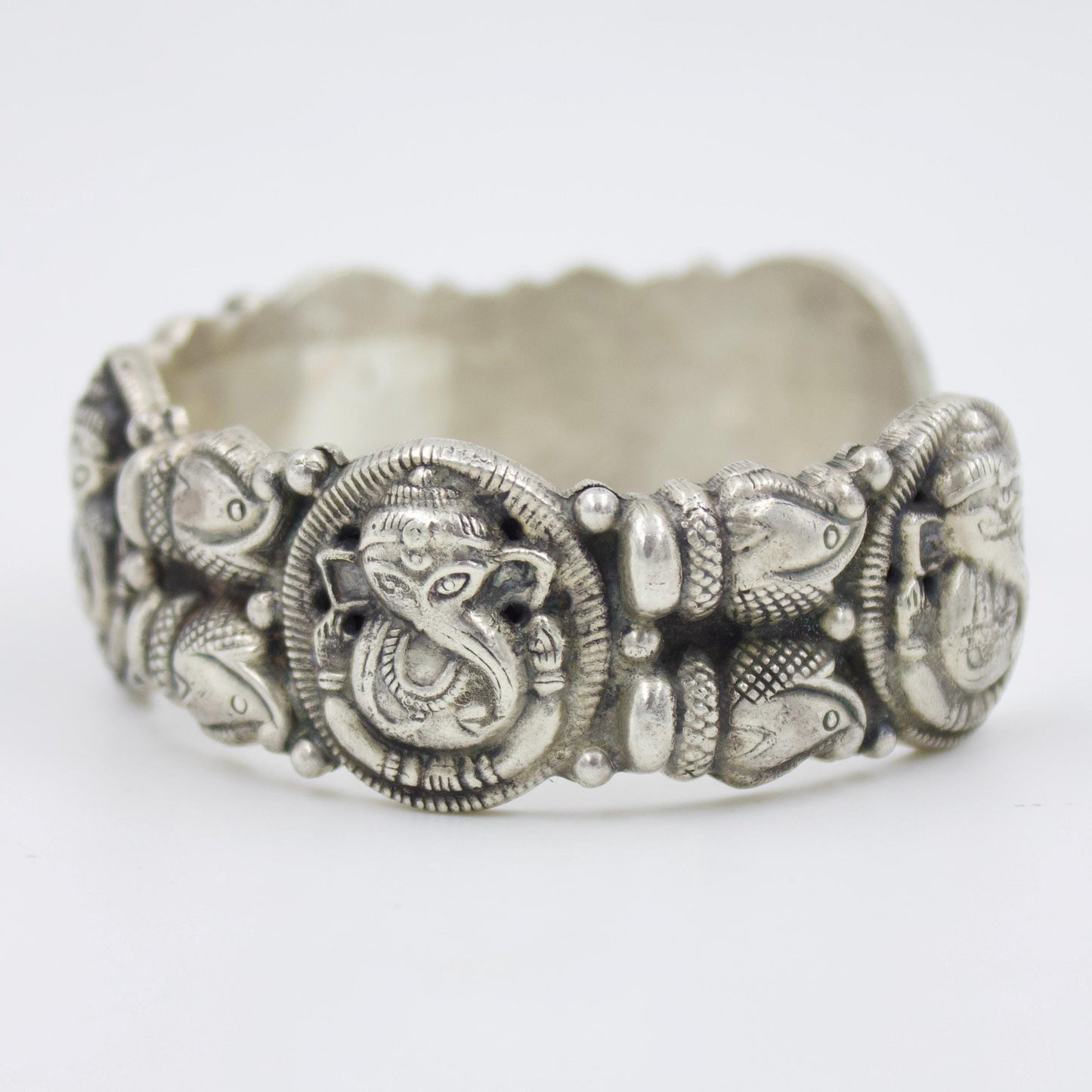 Vintage Handmade Etched Lord Ganesha Statement Cuff Bracelet in Sterling Silver