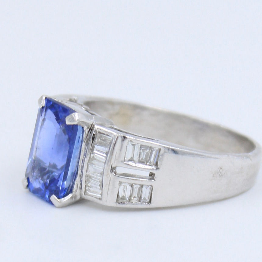 Natural AAA 3.27 Ct Cornflower Blue Sapphire & Baguette Diamond Ring in 18K White Gold