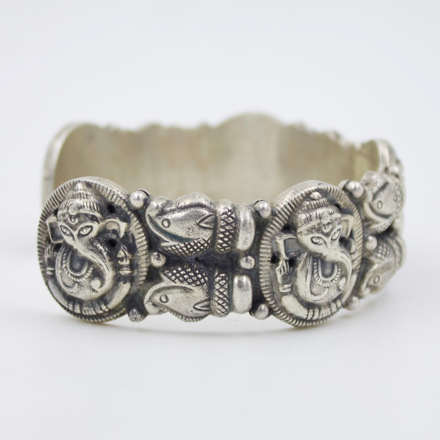 Vintage Handmade Etched Lord Ganesha Statement Cuff Bracelet in Sterling Silver