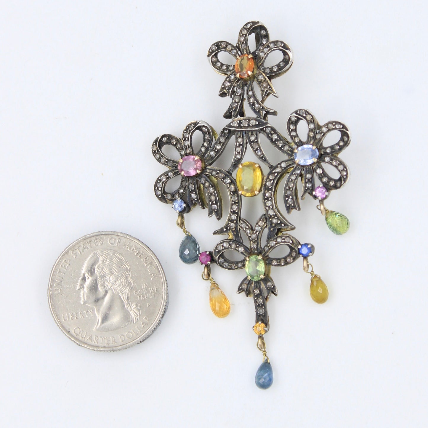 Victorian 6.45 TCW Untreated Multicolor Sapphires and Diamond Pendant in 14k Gold & Sterling Silver