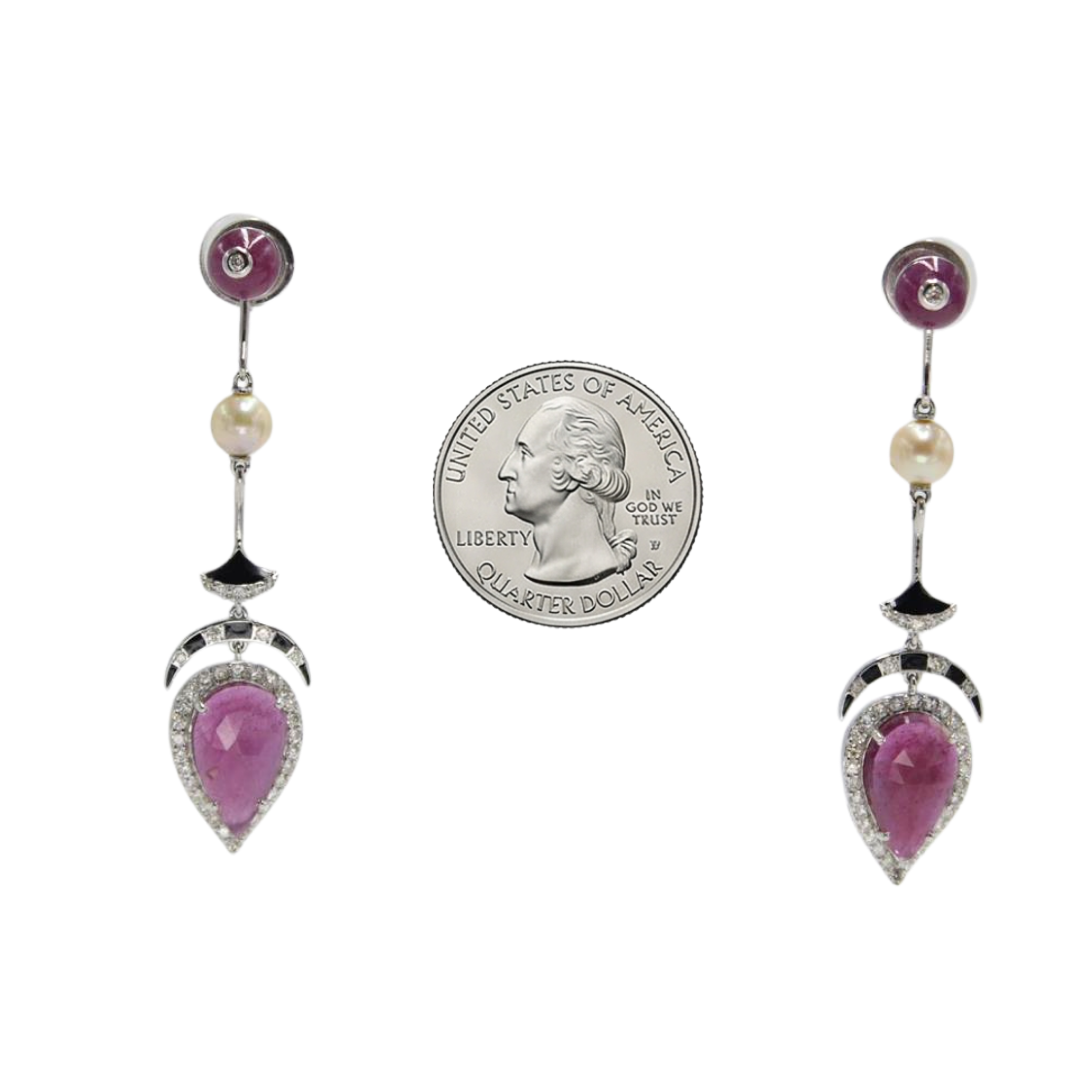15.52 Ct Art Deco Ruby, Pearl & Diamond Geometric Drop Earrings in 18K White Gold