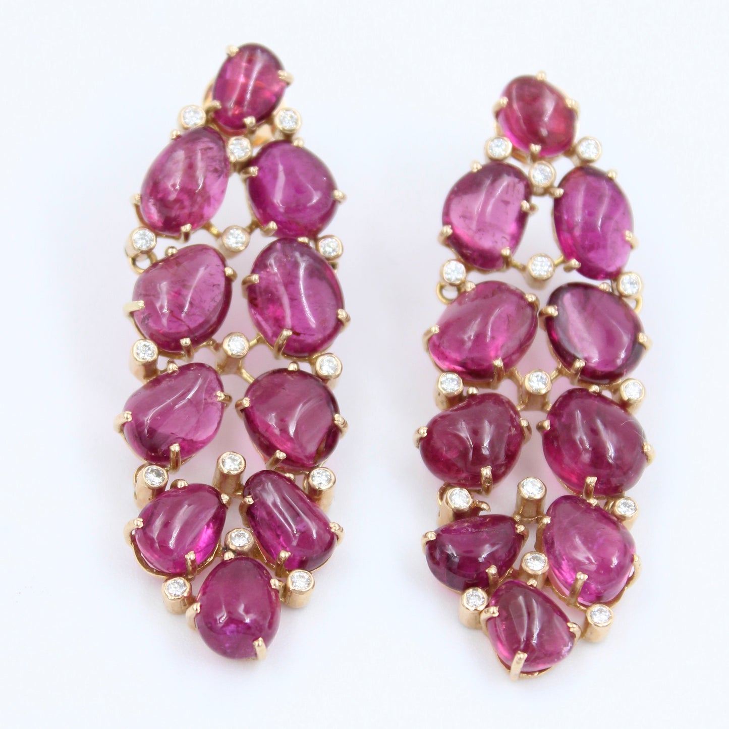 Statement 47.46 Ct Rubellite Tourmaline & Diamond Leaf Drop Earring in 18K Rose Gold