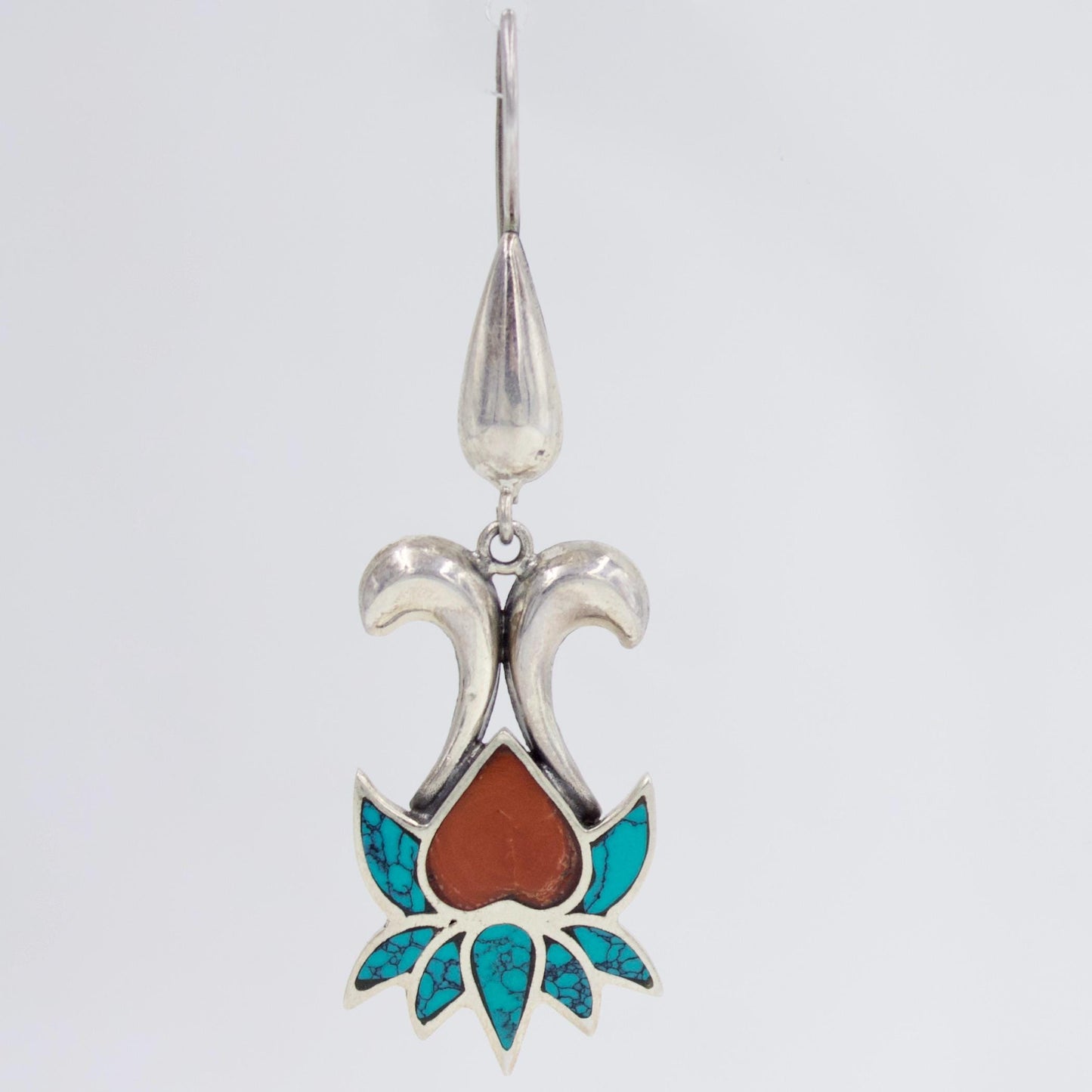 Vintage Turquoise and Carnelian Floral Statement Drop Earrings in Sterling Silver