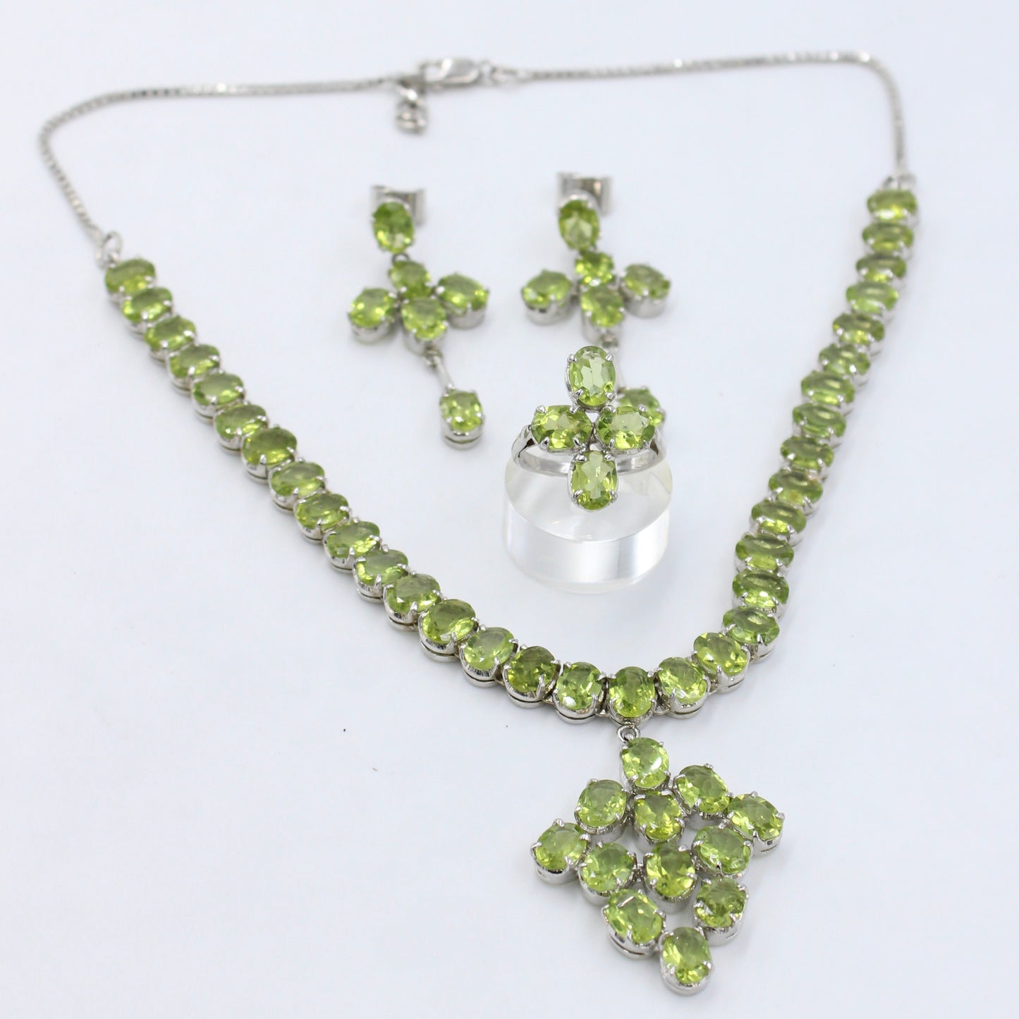 AAA 67.14 Natural Peridot Pendant Necklace, Earrings & Ring Set Sterling Silver