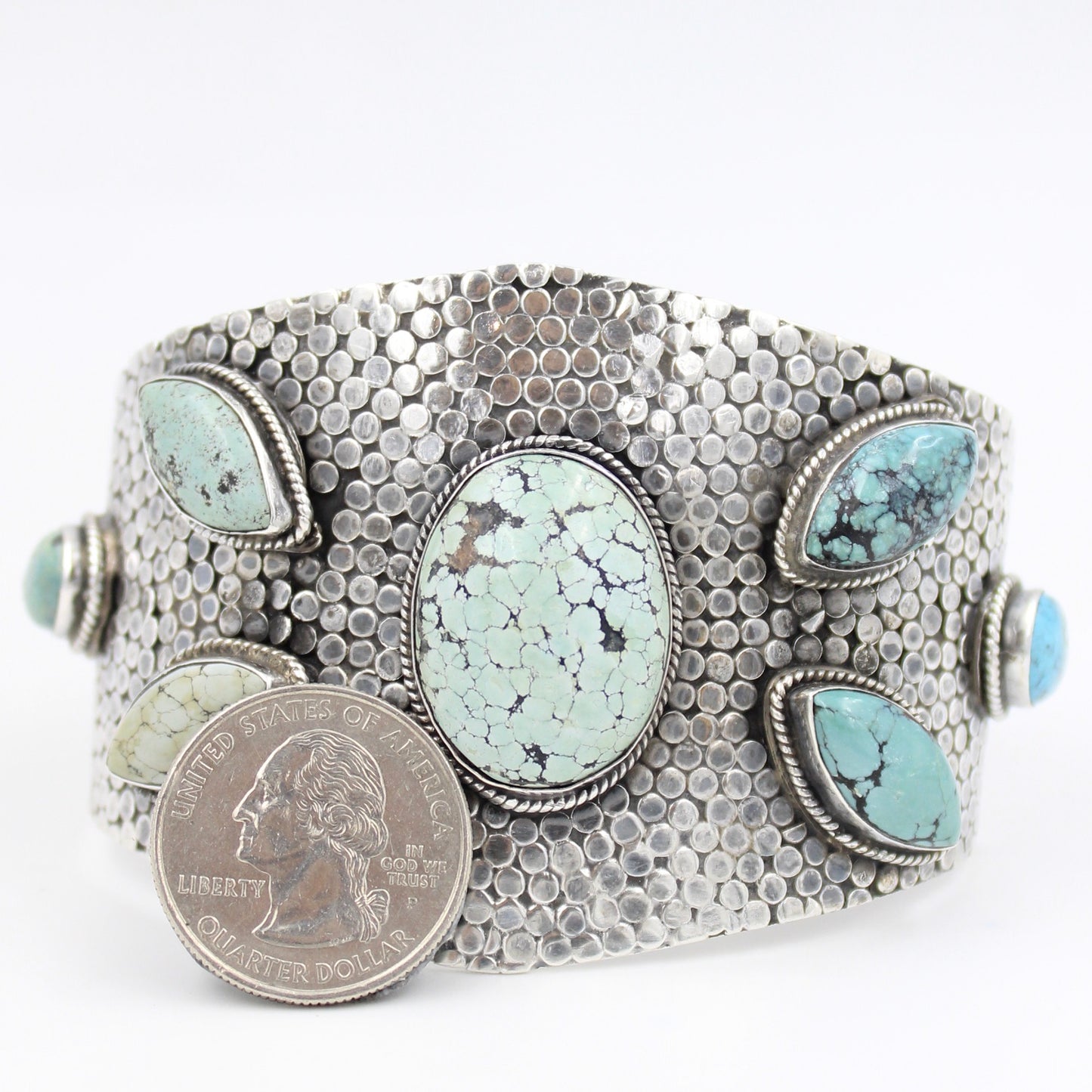 Vintage Handmade Turquoise Broad Statement Cuff Bracelet in Sterling Silver