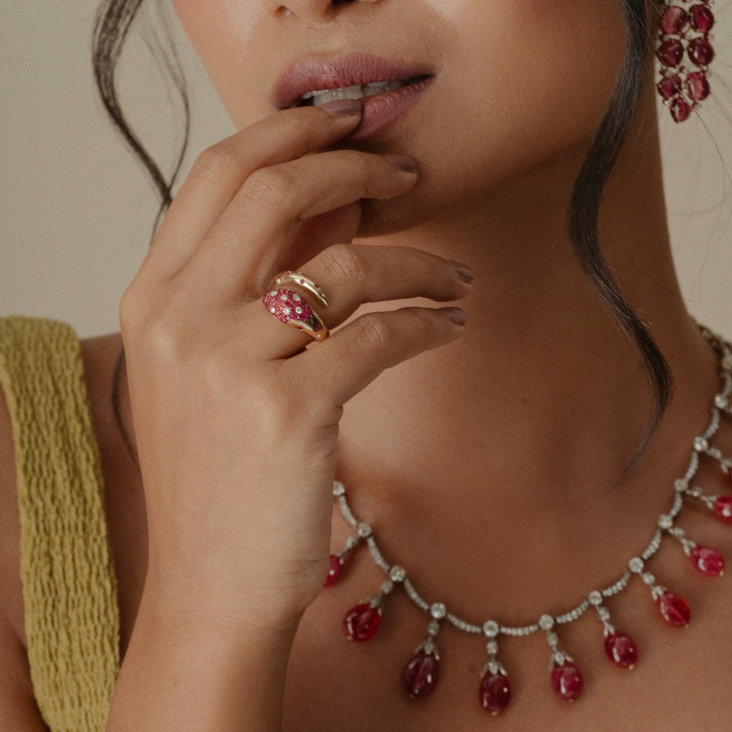 Unique AAA Natural Ruby & Diamond Serpent Wrap Around Ring in 18K Gold