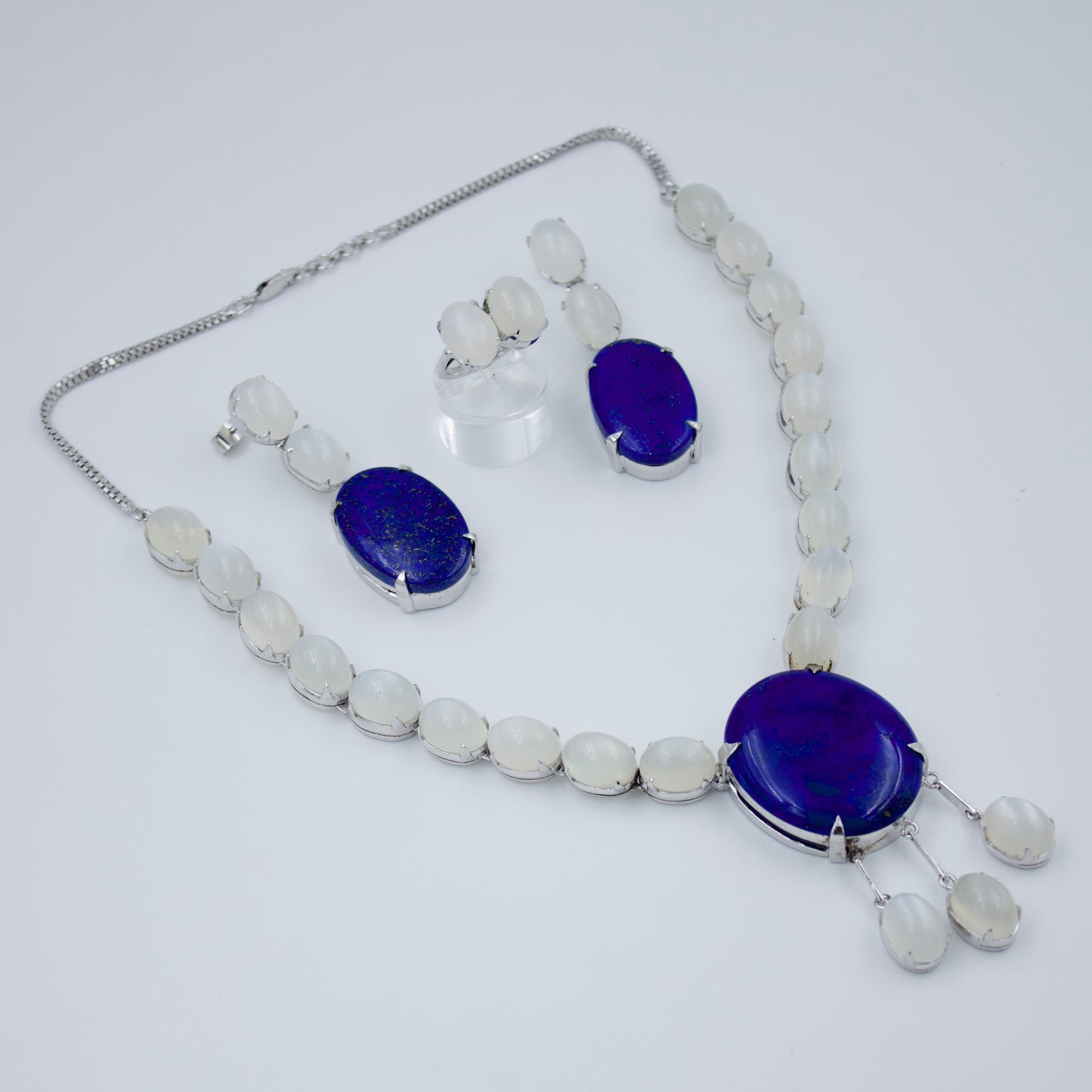 Vintage Art Deco Lapis Lazuli and Moonstone Statement Necklace Earrings and Ring in Sterling Silver