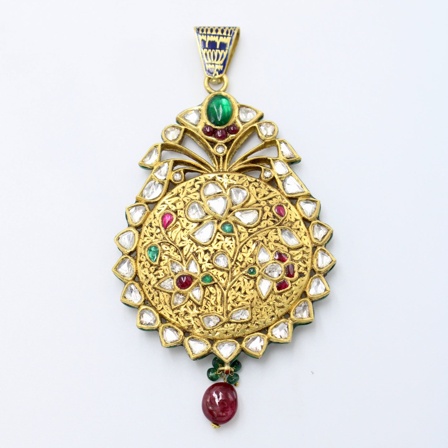 Vintage Indian Kundan Meenakari Work Vilandi Diamond Floral Pendant & Earrings in 22K Yellow Gold