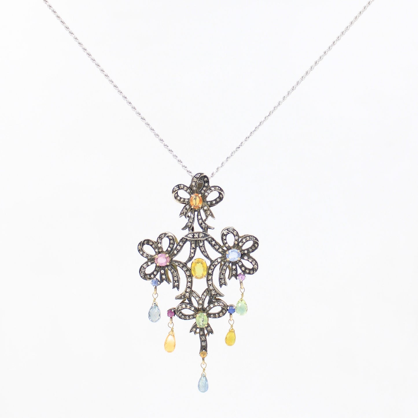 Victorian 6.45 TCW Untreated Multicolor Sapphires and Diamond Pendant in 14k Gold & Sterling Silver