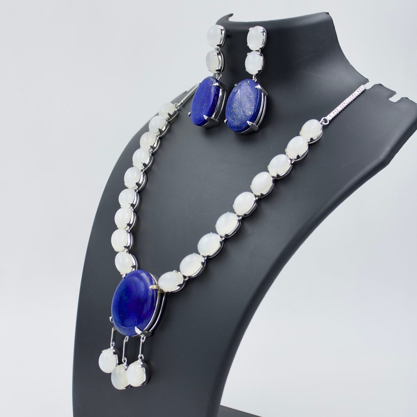 Vintage Art Deco Lapis Lazuli and Moonstone Statement Necklace Earrings and Ring in Sterling Silver