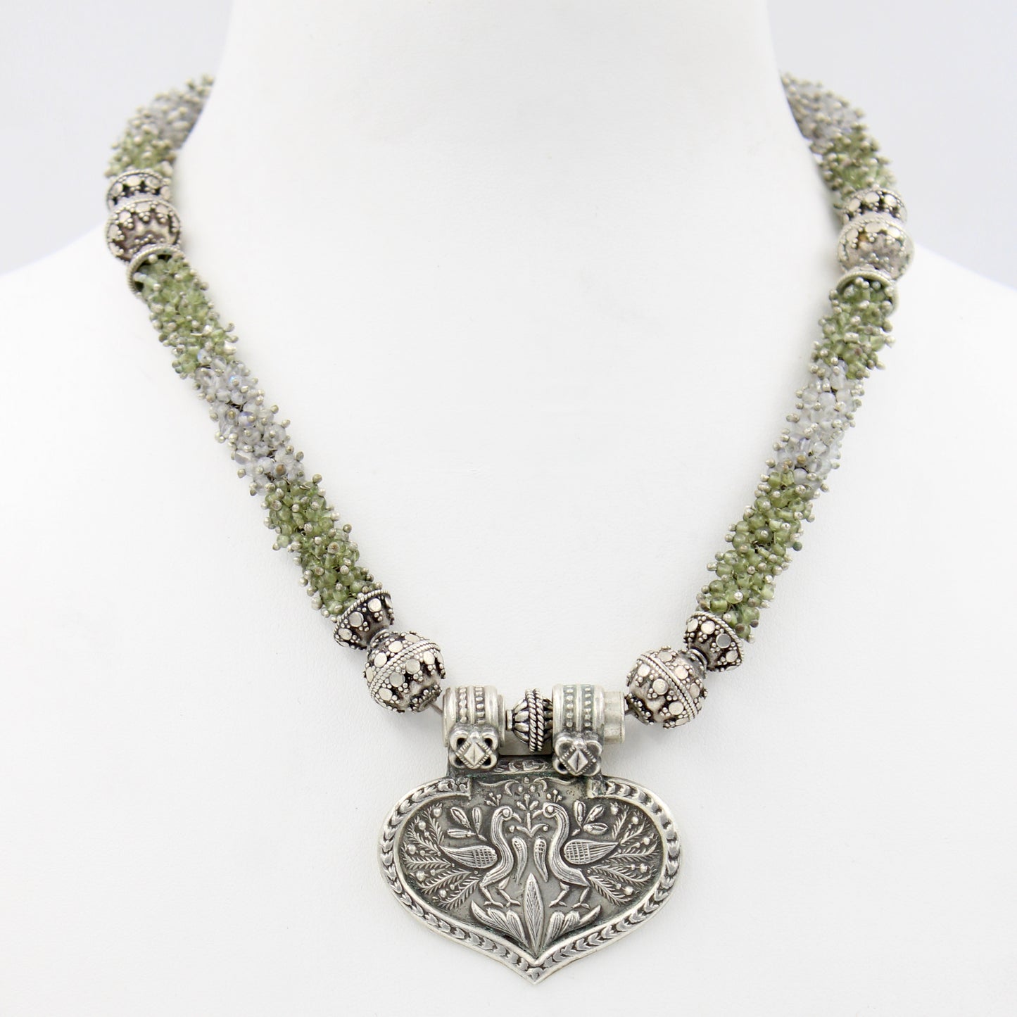 Handmade Peridot & Moonstone Dancing Peacock Pendant Necklace inSterling Silver