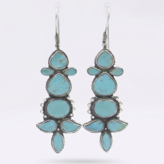 Vintage Tibetan Natural Himalayan Turquoise Drop Dangle Earrings in 925 Silver