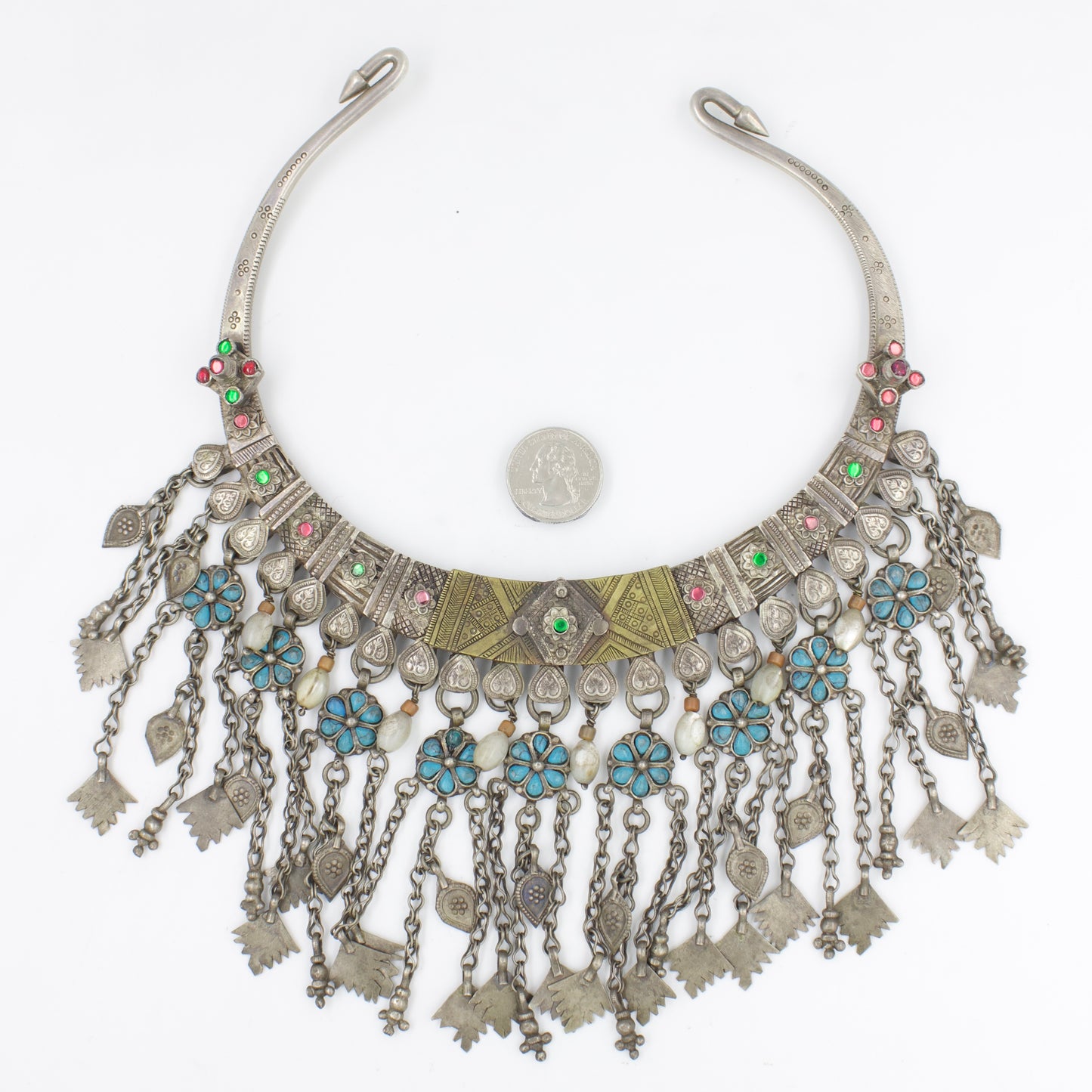 Antique Afghan Tribal Hasli Collar Necklace with Turquoise in Silver