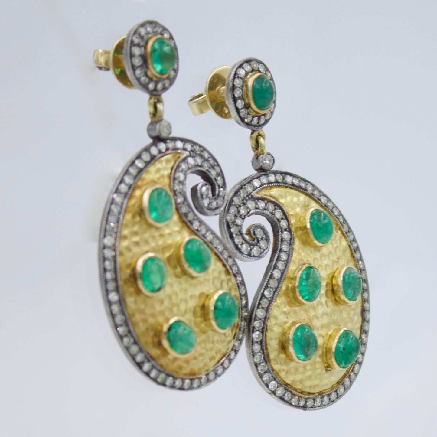 Victorian Emerald & Diamonds Handmade Mango Earrings in 14K Gold and Sterling Silver