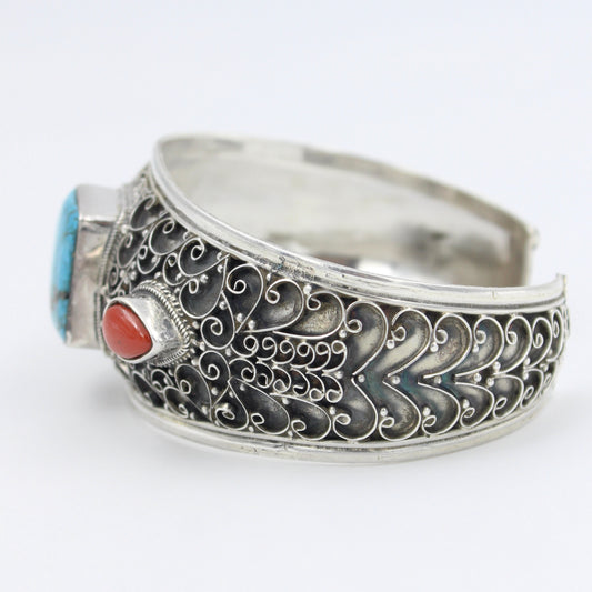 Vintage Natural Turquoise & Coral Sterling Silver Cuff Bracelet