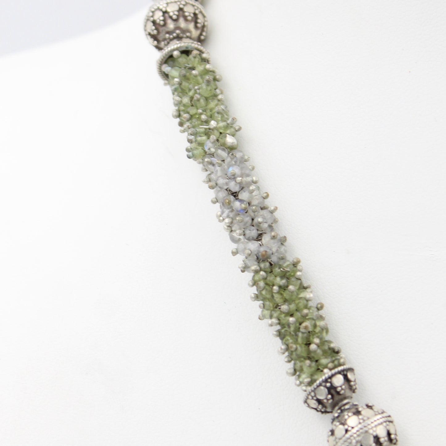 Handmade Peridot & Moonstone Dancing Peacock Pendant Necklace inSterling Silver