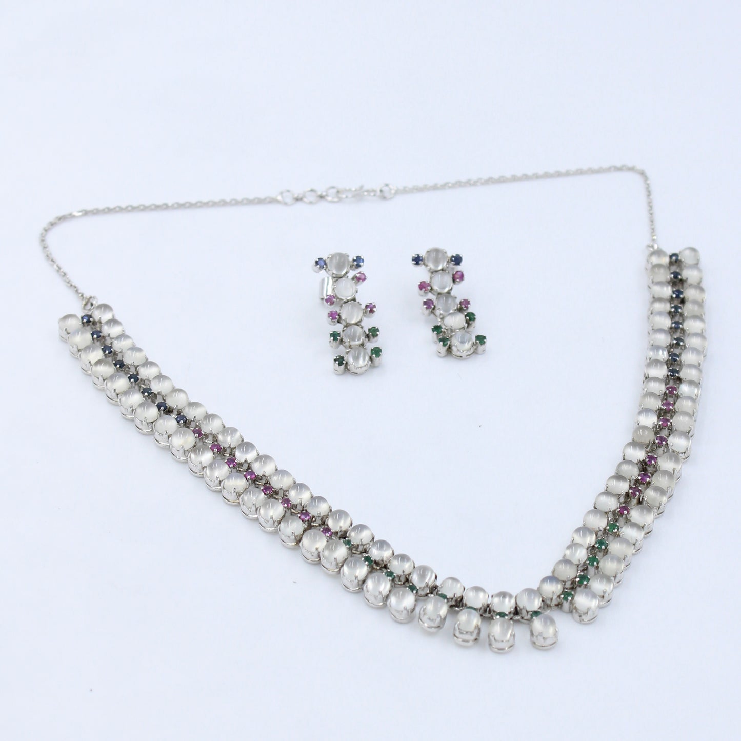 43.4 Ct AAA Natural Moonstone, Emerald, Pink & Blue Sapphire Silver Necklace, Earring & Ring Set