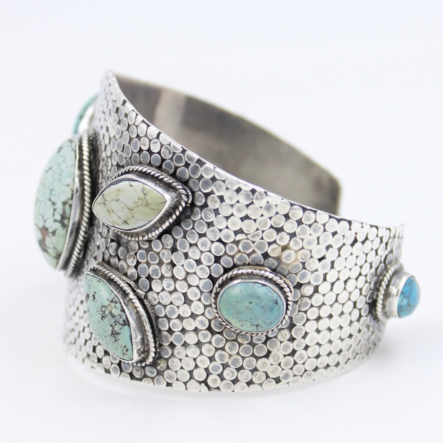 Vintage Handmade Turquoise Broad Statement Cuff Bracelet in Sterling Silver
