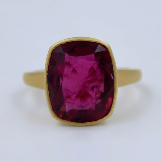 Luxury 7.9 Ct Vivid Red Rubellite Tourmaline Ring 18K Brushed Yellow Gold