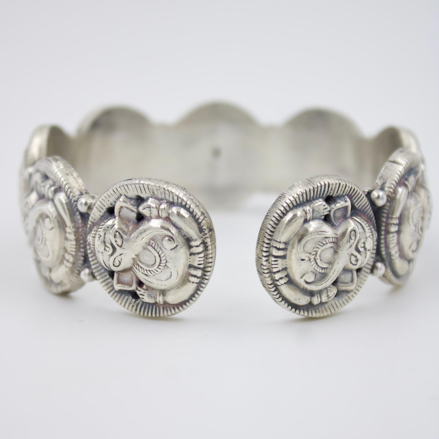 Vintage Handmade Etched Lord Ganesha Statement Cuff Bracelet in Sterling Silver
