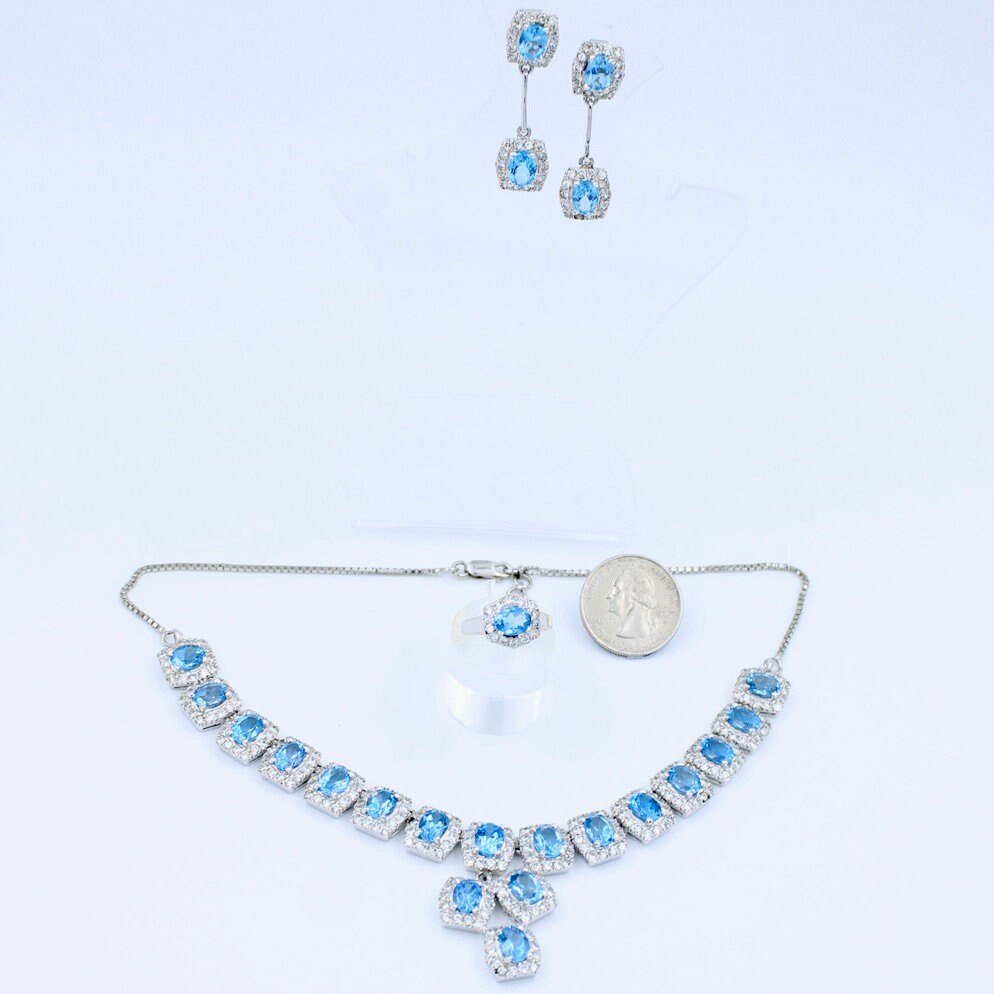 Vintage Swiss Blue Topaz & CZ Statement Necklace Earring and Ring in Sterling Silver