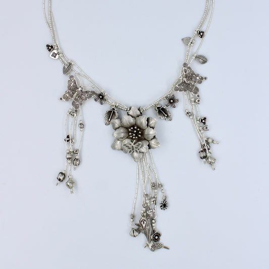 Handmade Indonesian Flower and Butterfly Charm Necklace in Sterling Silver