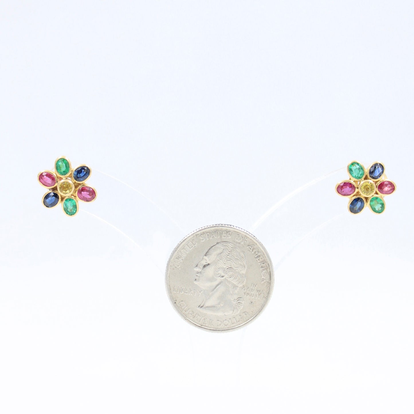Elegant 4.25 TCW Natural Ruby, Emerald and Sapphire Floral Stud Earrings in 18K Yellow Gold