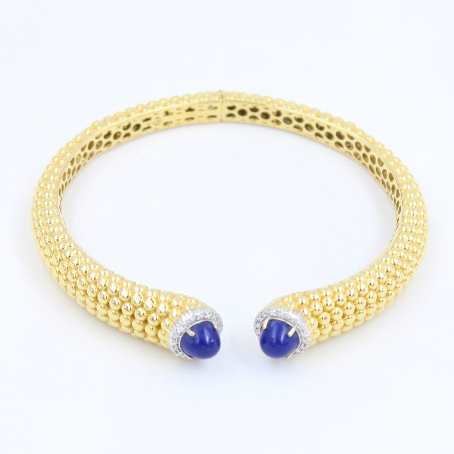 Statement 2.26 Ct Lapis Lazuli & Diamond Hinged Cuff Bracelet Etched 18K Gold