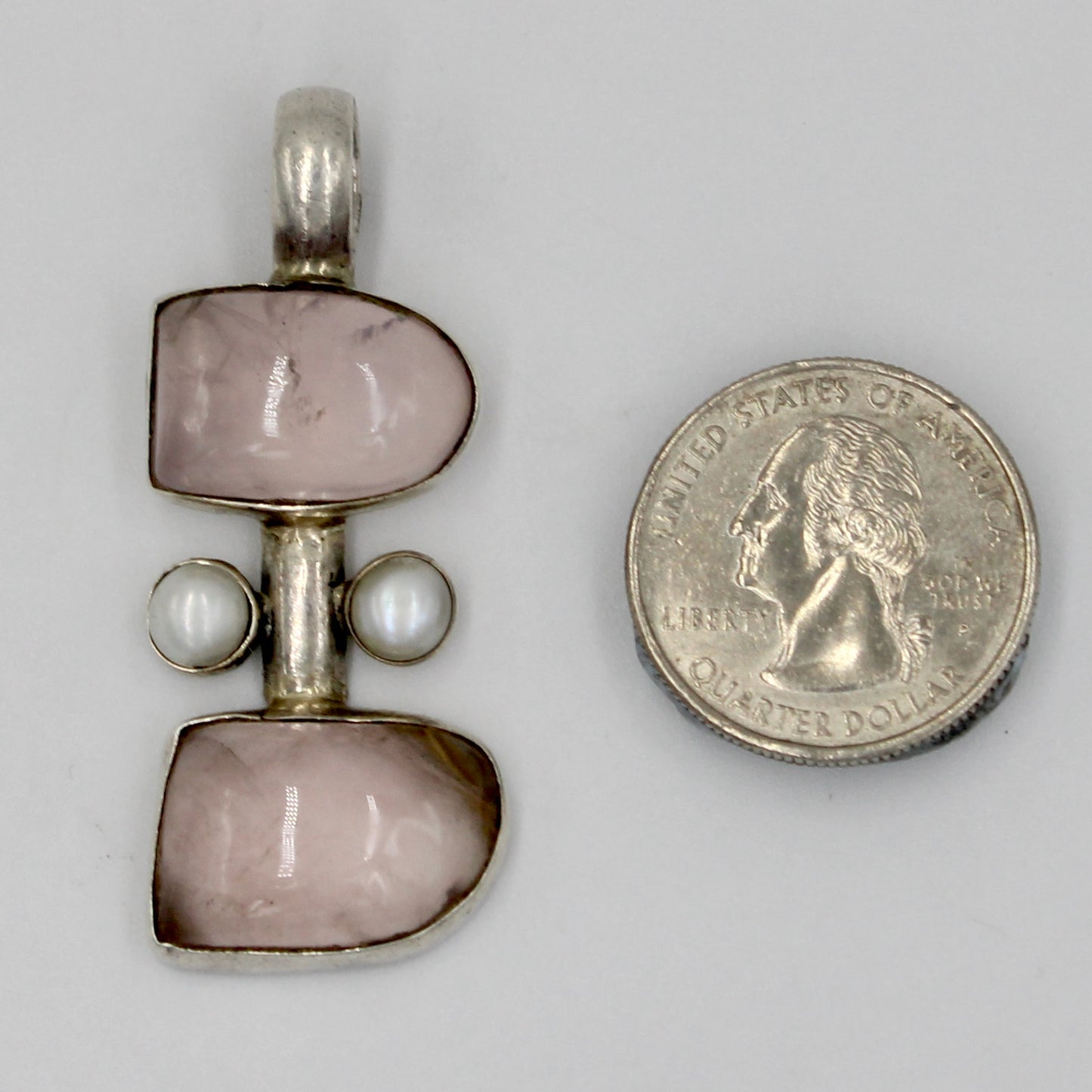 Vintage Handmade Rose Quartz & Pearl Pendant in Sterling Silver