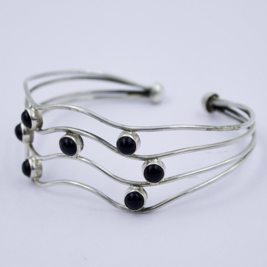 Vintage Black Onyx Statement Cuff Bracelet in Sterling Silver