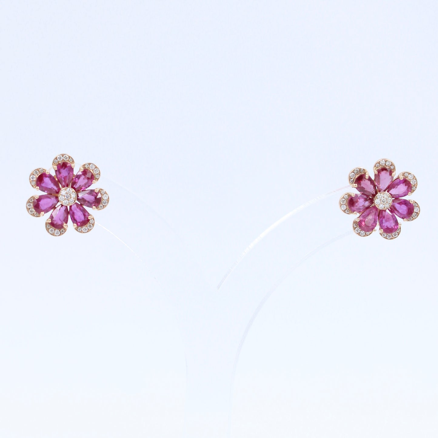 Natural AAA 7.45 Ct Untreated Ruby & Diamond Floral Stud Earrings 18K Rose Gold