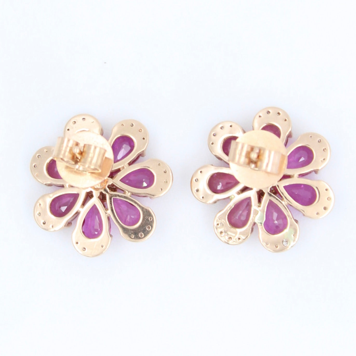 Natural AAA 7.45 Ct Untreated Ruby & Diamond Floral Stud Earrings 18K Rose Gold
