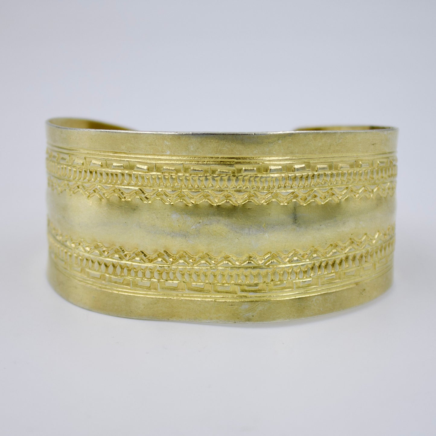 Handmade Indonesian Hand Etched Gold Plated Statement Cuff Bracelet in Sterling Silver