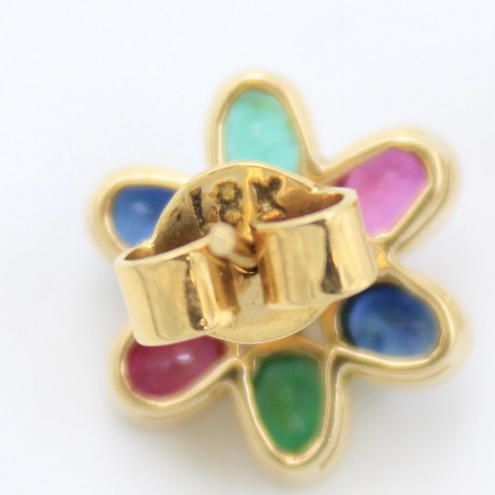 Elegant 4.25 TCW Natural Ruby, Emerald and Sapphire Floral Stud Earrings in 18K Yellow Gold
